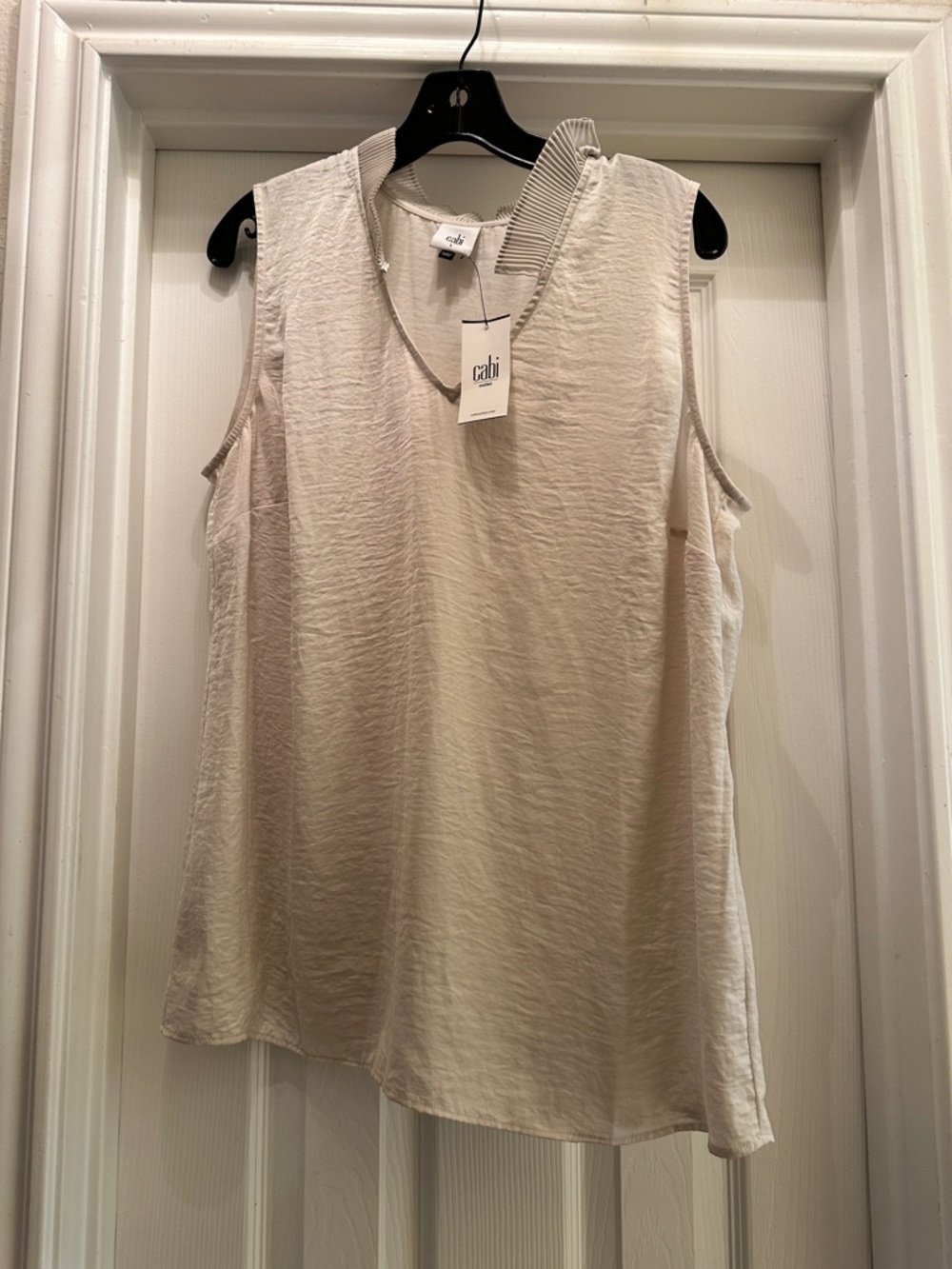 CAbi Sleeveless V-Neck Shell in Light Beige | Snapshot size L